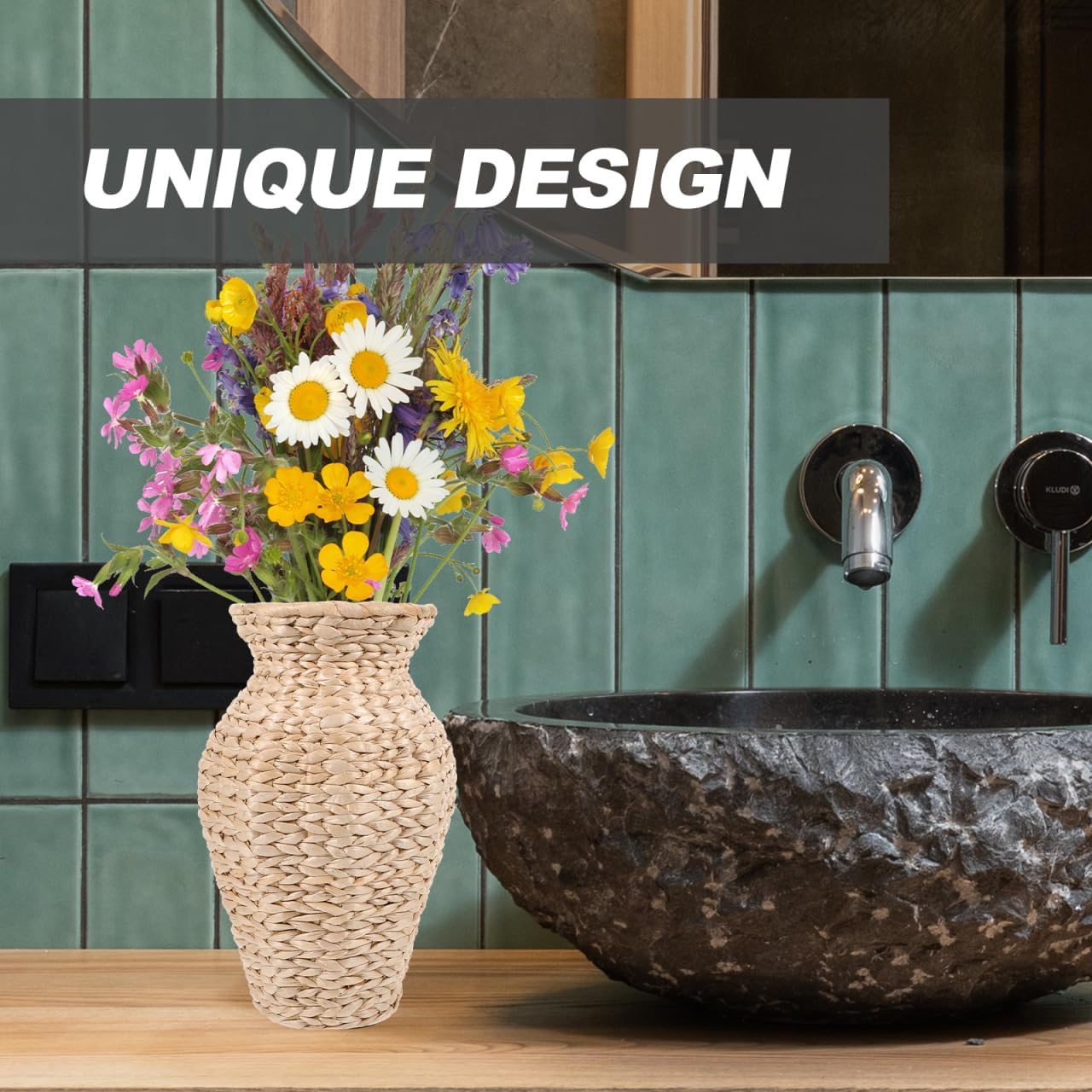 VOSAREA 1pc Woven Grass Flower Vase and Decorative Vase for Dried Flowers Stylish Rattan Design for Home and Wedding Centerpieces