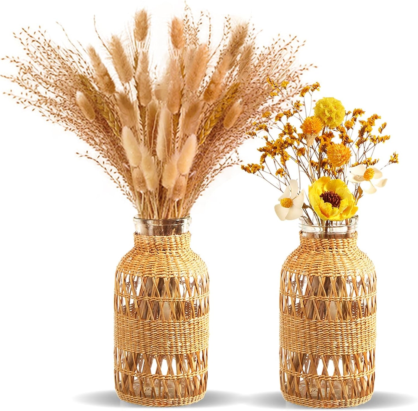 ZENS Wicker Boho Vase Set of 2, Glass Flower Vase with Hand Woven Rattan Cover for Pampas Grass, Artistic Boho Country Vases for Fall Flower Decor, Home Table Centerpiece, Farmhouse Decorative