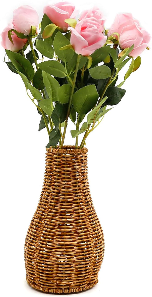 Glass Flower Vase with Rattan Cover, Boho Style Flower Vase Planter, Home Plant Holder, Vintage Floral Container Decor for Table Centerpieces Home Party Decor (L: 13.77x7.48 inch)