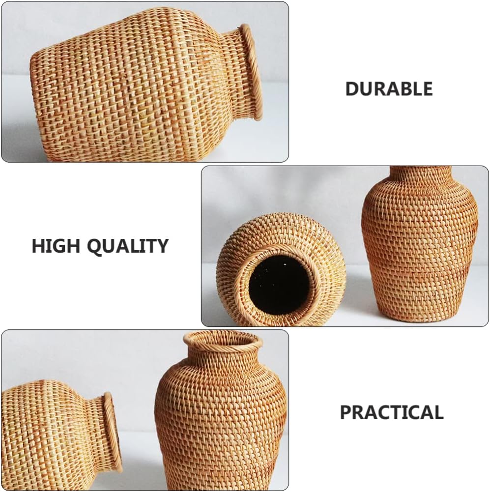 VOSAREA Rattan Vase Country Style Woven Plant Holder Basket Rustic Vase Hand Woven Dried Vase for Home Decoration