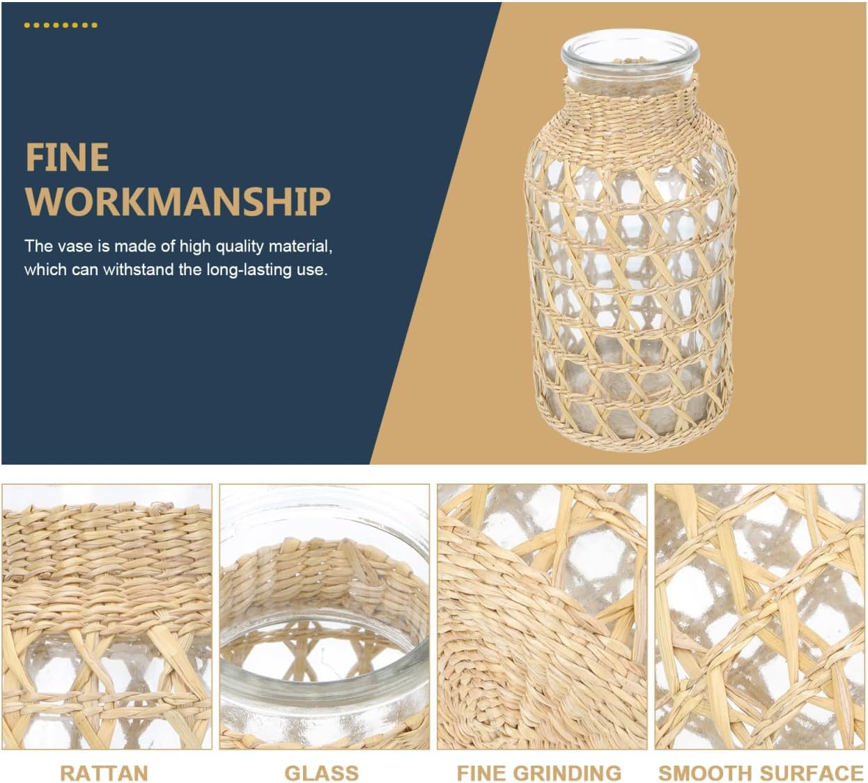 Round Glass Vase Glass Flower Vase Rattan Woven Dried Flower Vase Rustic Flower Bottle Floral Arrangement Holder Floral Container for Home Table Centerpiece Party Decor L Rustic Table Decor