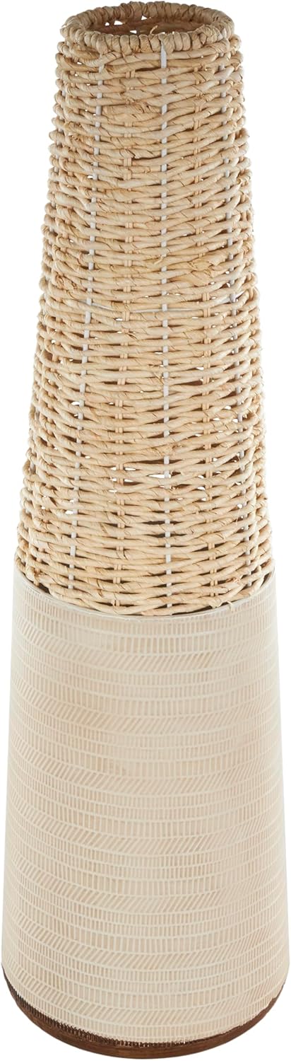 Deco 79 Rattan Geometric Handmade Decorative Vase Woven Centerpiece Vase with Beige Metal Base and Abstract Linear Markings, Vase for Home Decoration 8" x 8" x 26", Light Brown