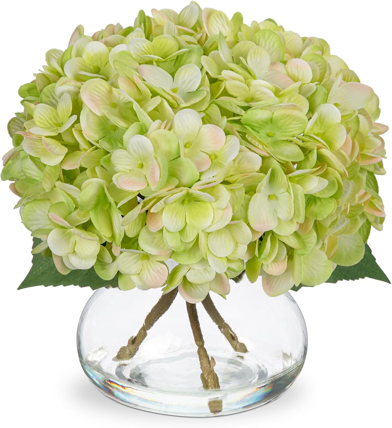 Hollyone Hydrangea Artificial Flowers with Vase White Silk Fake Flowers Arrangements in Glass Vase with Faux Water for Home Bathroom Office Table Centerpiece Shelf Decorations