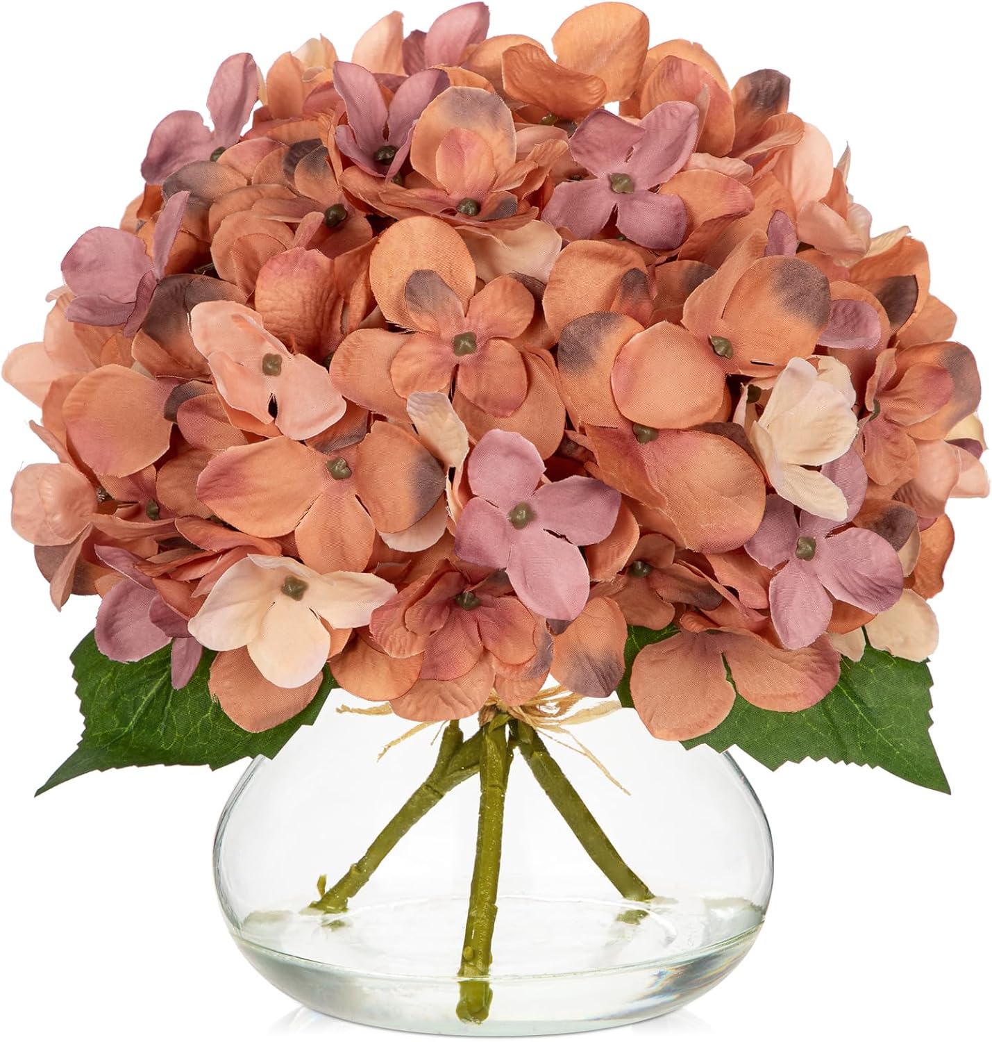 Hollyone Hydrangea Artificial Flowers with Vase White Silk Fake Flowers Arrangements in Glass Vase with Faux Water for Home Bathroom Office Table Centerpiece Shelf Decorations