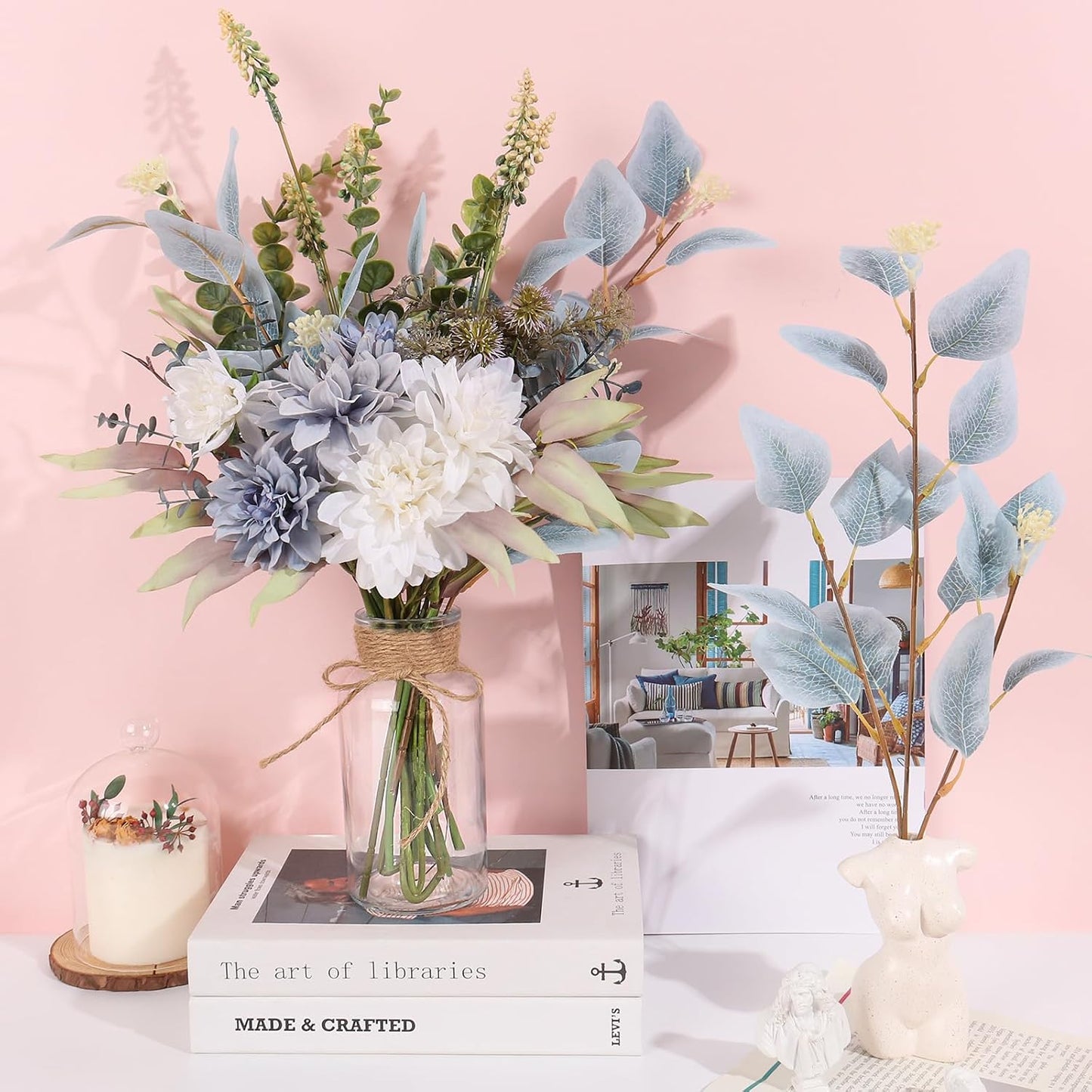 Fake Flowers in Vase Artificial Flowers Coffee Table Decor, Faux Flowers in Vase, Flower Arrangements Artificial Plants Silk Flowers for Home Decor Indoor Centerpiece Table Decorations (Blue White)