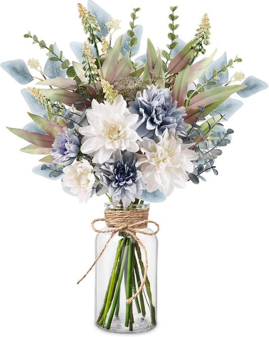 Fake Flowers in Vase Artificial Flowers Coffee Table Decor, Faux Flowers in Vase, Flower Arrangements Artificial Plants Silk Flowers for Home Decor Indoor Centerpiece Table Decorations (Blue White)