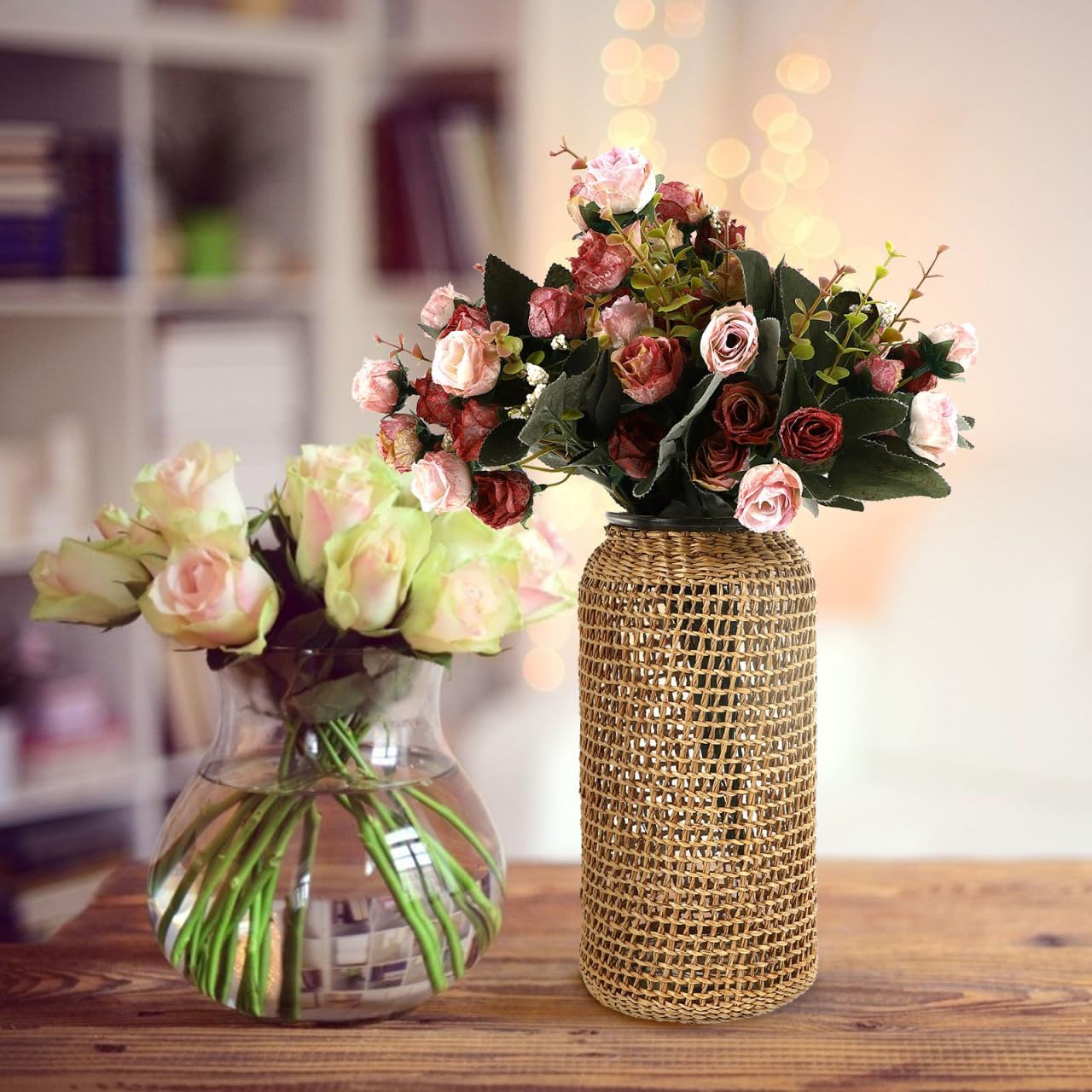 DOITOOL Boho Glass Vase with Rattan Cover, Rustic Farmhouse Vase Round Decorative Flower Container Flower Bud Container for Floral Arrangements Table Centerpiece, 4.3 x 4.3 x 9.8 inch