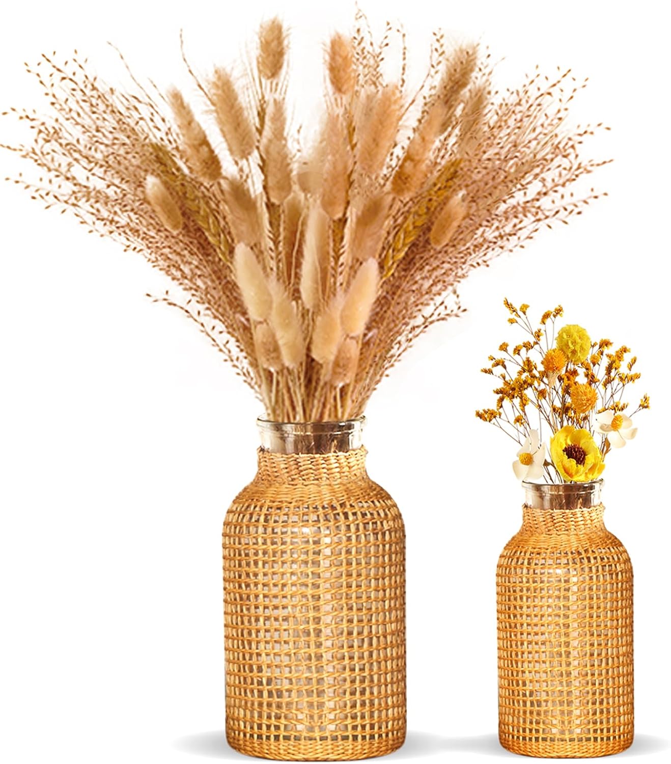 ZENS Wicker Boho Vase Set of 2, Glass Flower Vase with Hand Woven Rattan Cover for Pampas Grass, Artistic Boho Country Vases for Fall Flower Decor, Home Table Centerpiece, Farmhouse Decorative