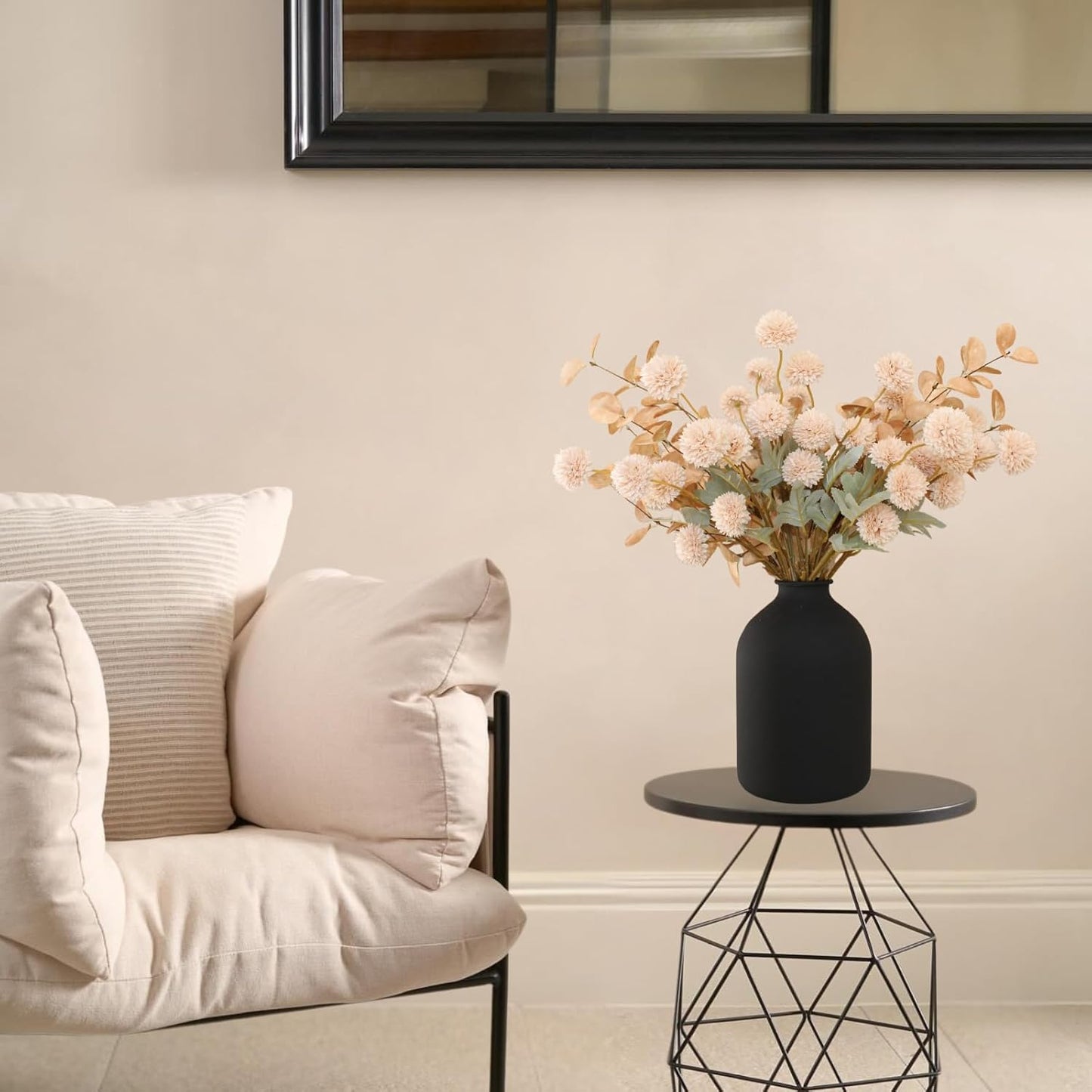 Artificial Silk Flowers Beige 10 Stems + Eucalyptus, Faux Flowers For Vase, Fake Mums Long Stem, Tan Nude Cream Neutral Floral, Chrysanthemum Pom Pom Floral Arrangements, Mini Faux Mums Flower Bulk