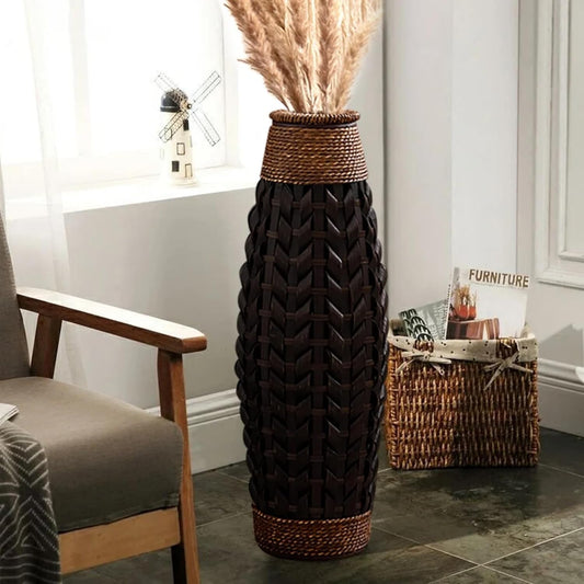 28.9" Rustic Tall Woven Bamboo & Rattan Floor Vase – Decorative Standing Accent Vase for Dried or Silk Flowers, Farmhouse & Boho Home Decor for Living Room or Entryway