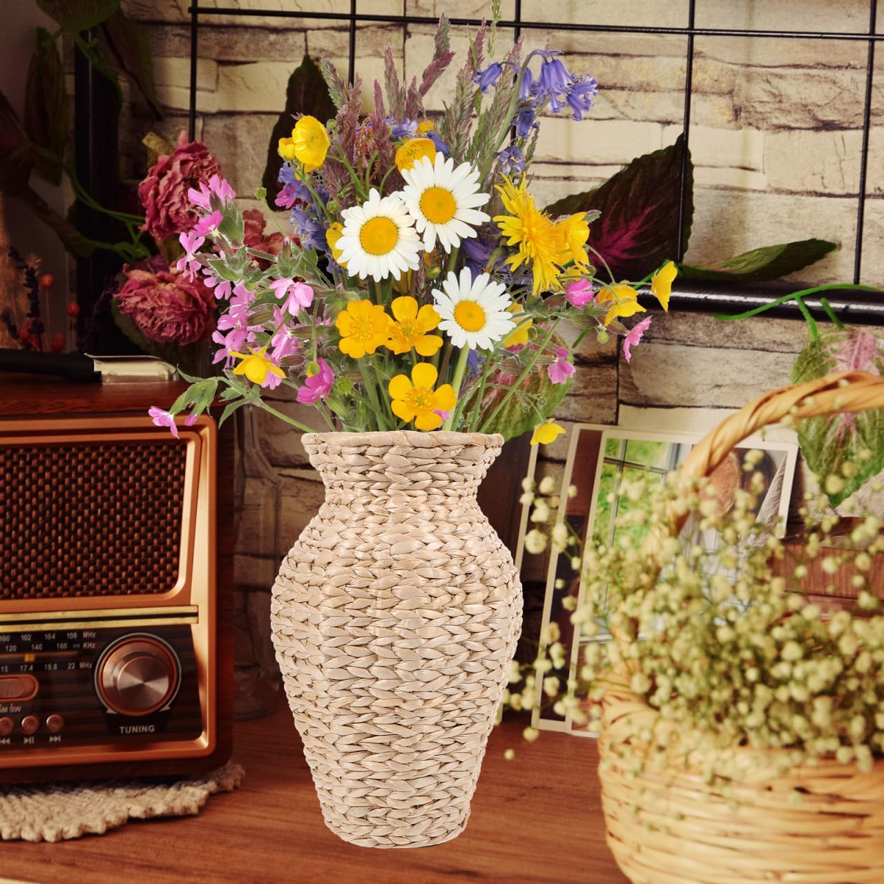 Amosfun Rattan Vase Country Rustic Style Wicker Flower Vase Handmade Woven Basket Tall Plant Container for Home Decor Farmhouse Floral Arrangements, 28.00X17.50X17.50CM, 3CRP17CJMEI3294XI9Z