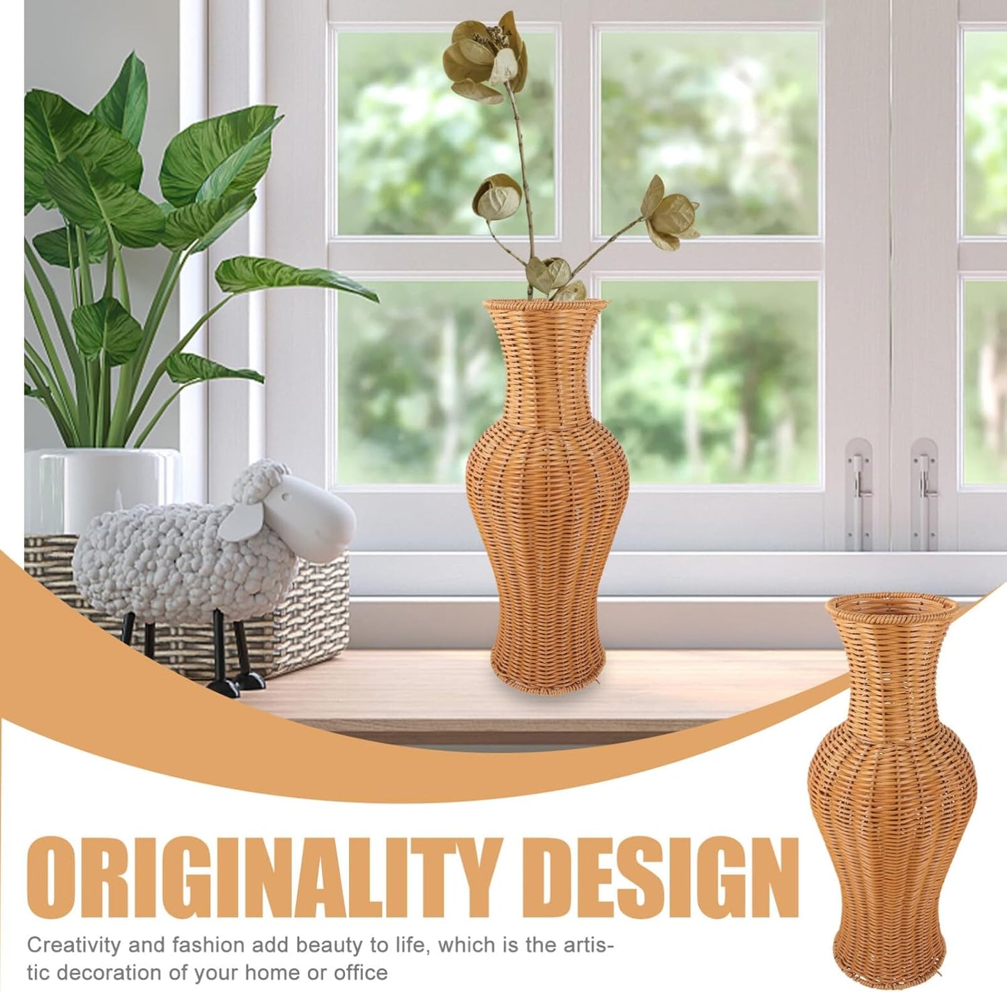 Rattan Woven Flower Vase - Elegant Rattan Vase Home Decor for Dried Flowers - Artificial Wicker Floor Vase for Home Office Decoration, Rustic Boho Design, 45X19cm/17.71X7.48inch