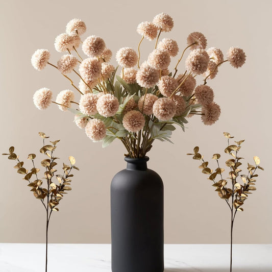 Artificial Silk Flowers Beige 10 Stems + Eucalyptus, Faux Flowers For Vase, Fake Mums Long Stem, Tan Nude Cream Neutral Floral, Chrysanthemum Pom Pom Floral Arrangements, Mini Faux Mums Flower Bulk