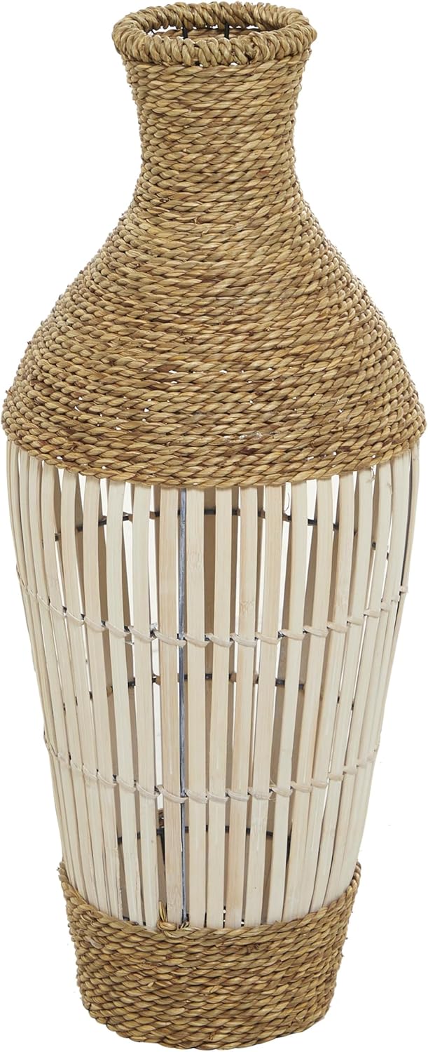 Deco 79 Seagrass Handmade Decorative Vase Wrapped Tall Floor Centerpiece Vase with Open Framed Cream Bamboo Center, Vase for Home Decoration 10" x 10" x 25", Brown