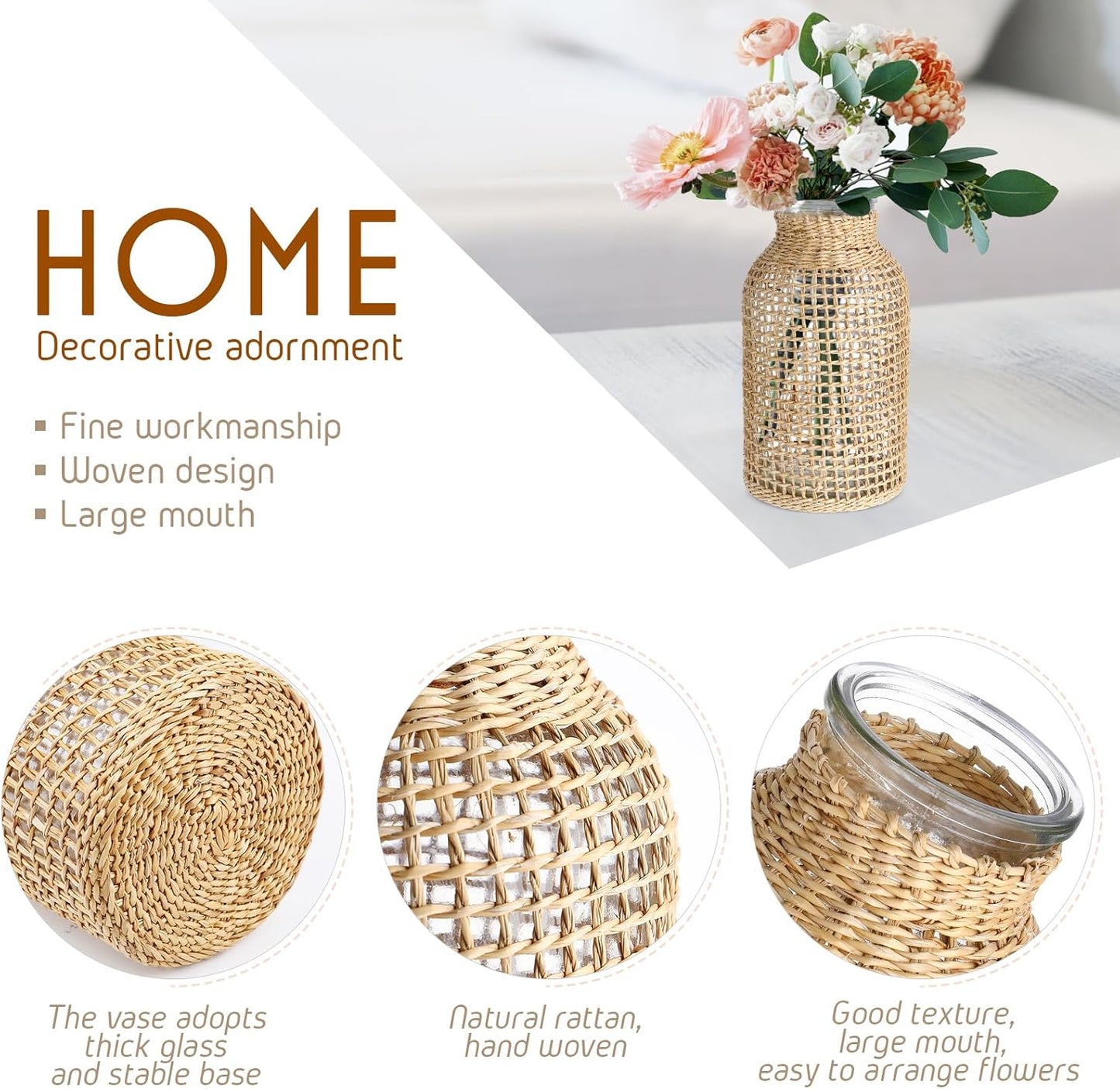 DOITOOL Glass Flower Vase with Rattan Cover, Farmhouse Flower Bud Vase, Round Decorative Flower Vase Floral Container Flower Bottle for Floral Arrangements Housewarming Party Home Decor (L+XS) Khaki