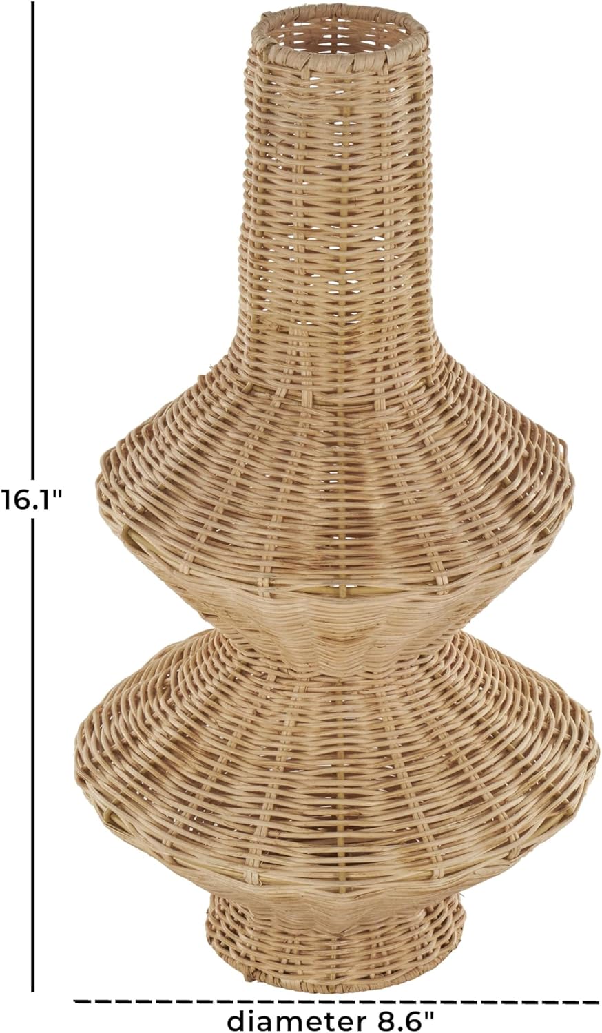 Deco 79 Rattan Handmade Decorative Vase Woven Fluted Hourglass Centerpiece Vase, Vase for Home Decoration 9" x 9" x 16", Brown