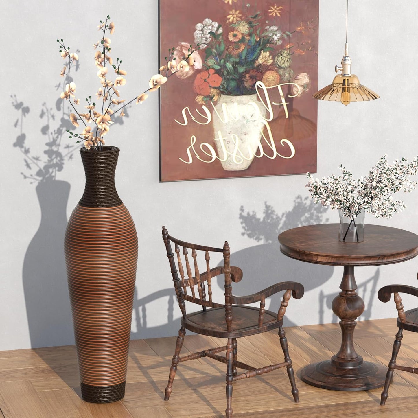 40" Tall Large Rattan Standing Floor Vase Modern Decorative Accent Flower Holder Floor Vase for Living Room Entryway Dining Room Stylish Home Décor Statement Piece (Two-Tone Dark Brown)