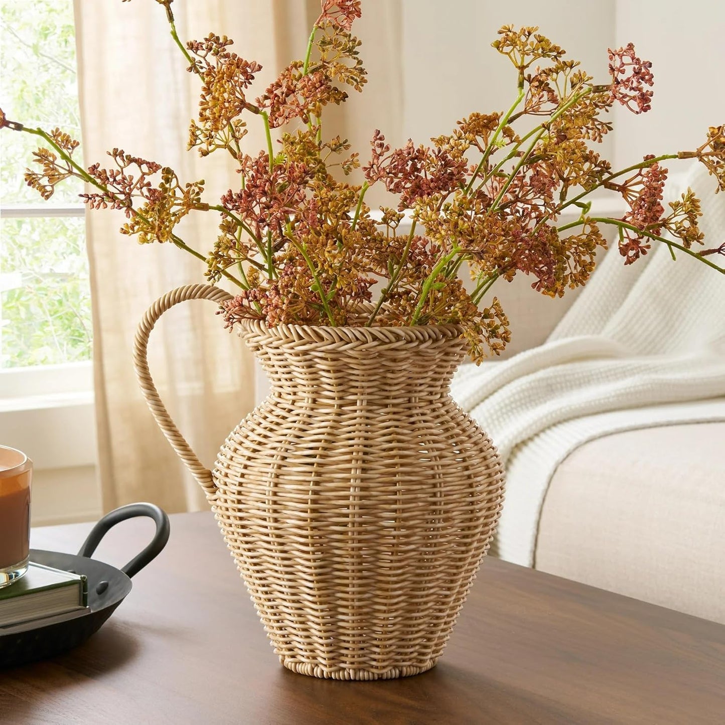9" Faux Wood Decorative Woven Rattan Pitcher Vase Natural