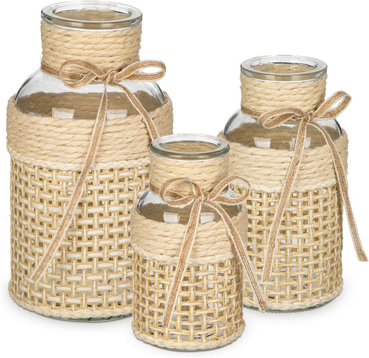 Hollyone 3Pcs Flower Vase Glass Vase with Cotton Rope Cover Woven Glass Vase Decorative Flower Bottle Modern Vase for Table Centerpiece Farmhouse Wedding Home Decor