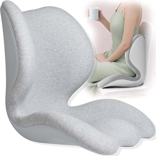 Ergonomic Posture Corrector Back Support Cushion, One Piece Thick Memory Foam Lumbar Butt Pad Insert for Men Women Desk Work Office Chair Seat, Orthopedic Curve for Long Sitting Backrest, Ivory Gray
