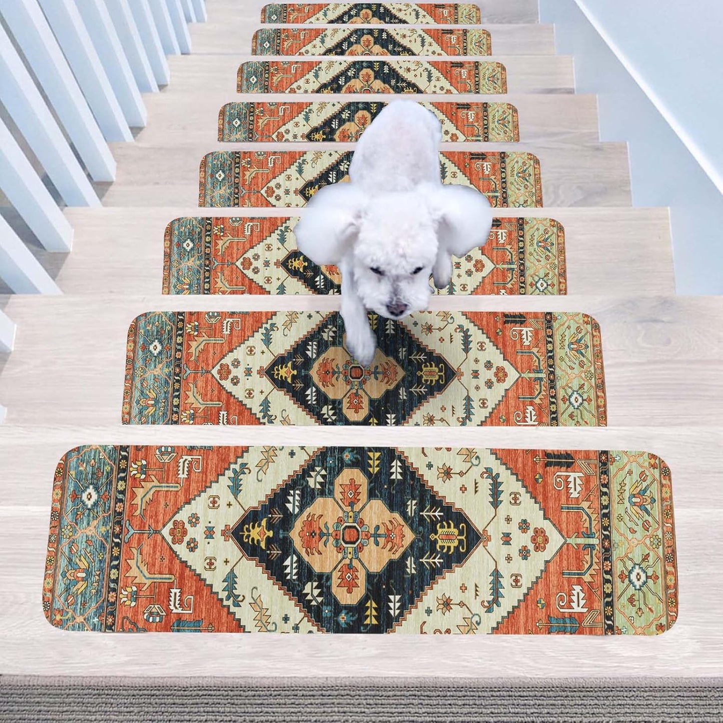 OJIA Non-Slip Carpet Stair Treads for Wooden Steps Set of 15, 30''X8'' Indoor Runner Resistant Rugs Rubber Safety Mats for Dogs, Kids & Elders, Stairway Grip