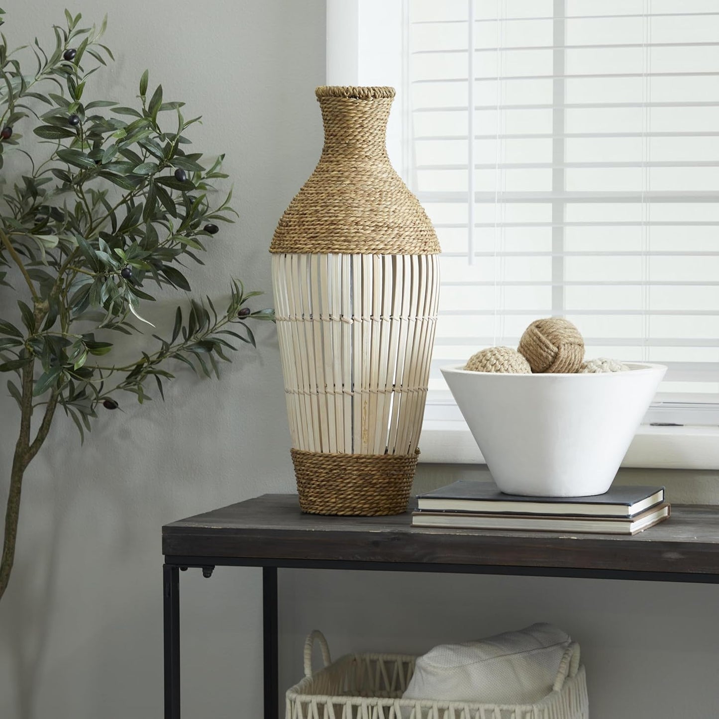 Deco 79 Seagrass Handmade Decorative Vase Wrapped Tall Floor Centerpiece Vase with Open Framed Cream Bamboo Center, Vase for Home Decoration 10" x 10" x 25", Brown