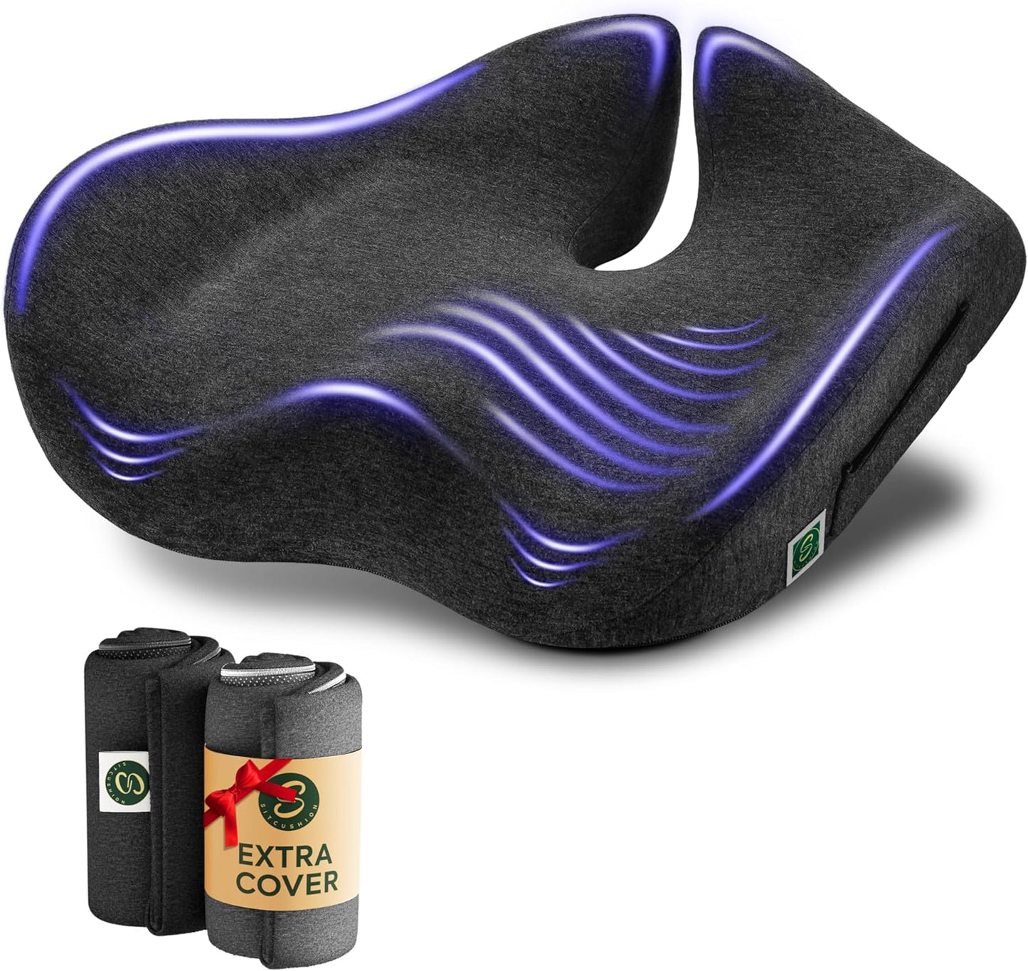 Pressure Relief Seat Cushion for Tailbone Pain - X Large Office Chair Cushion for Back Pain, Coccyx & Sciatica Pain Relief Pillow. Memory Foam Seat Cushions for Office Chairs. Extra Cover (Black)