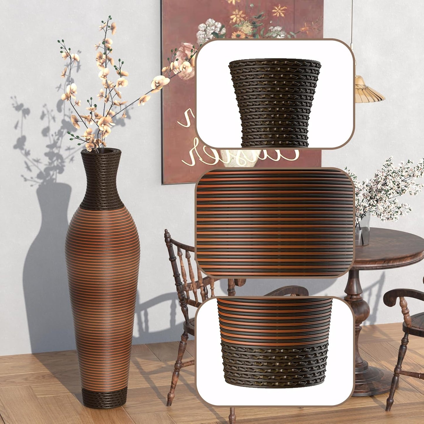 40" Tall Large Rattan Standing Floor Vase Modern Decorative Accent Flower Holder Floor Vase for Living Room Entryway Dining Room Stylish Home Décor Statement Piece (Two-Tone Dark Brown)