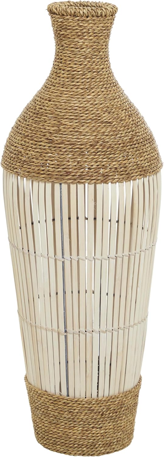 Deco 79 Seagrass Handmade Decorative Vase Wrapped Tall Floor Centerpiece Vase with Open Framed Cream Bamboo Center, Vase for Home Decoration 10" x 10" x 25", Brown