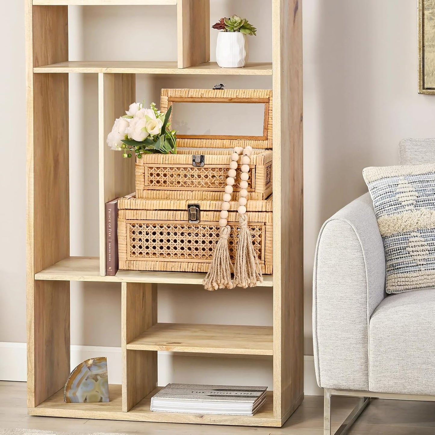 Rattan Decorative Box with Lid, Rectangular Woven with Glass for Display, Set of 2 Wicker for Decor