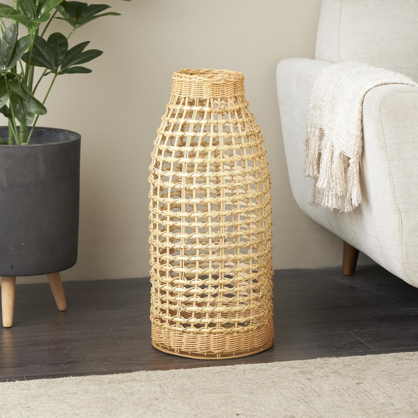 Deco 79 Rattan Handmade Decorative Vase Woven Centerpiece Vase with Open Framed Grid Design, Vase for Home Decoration 11" x 11" x 25", Brown