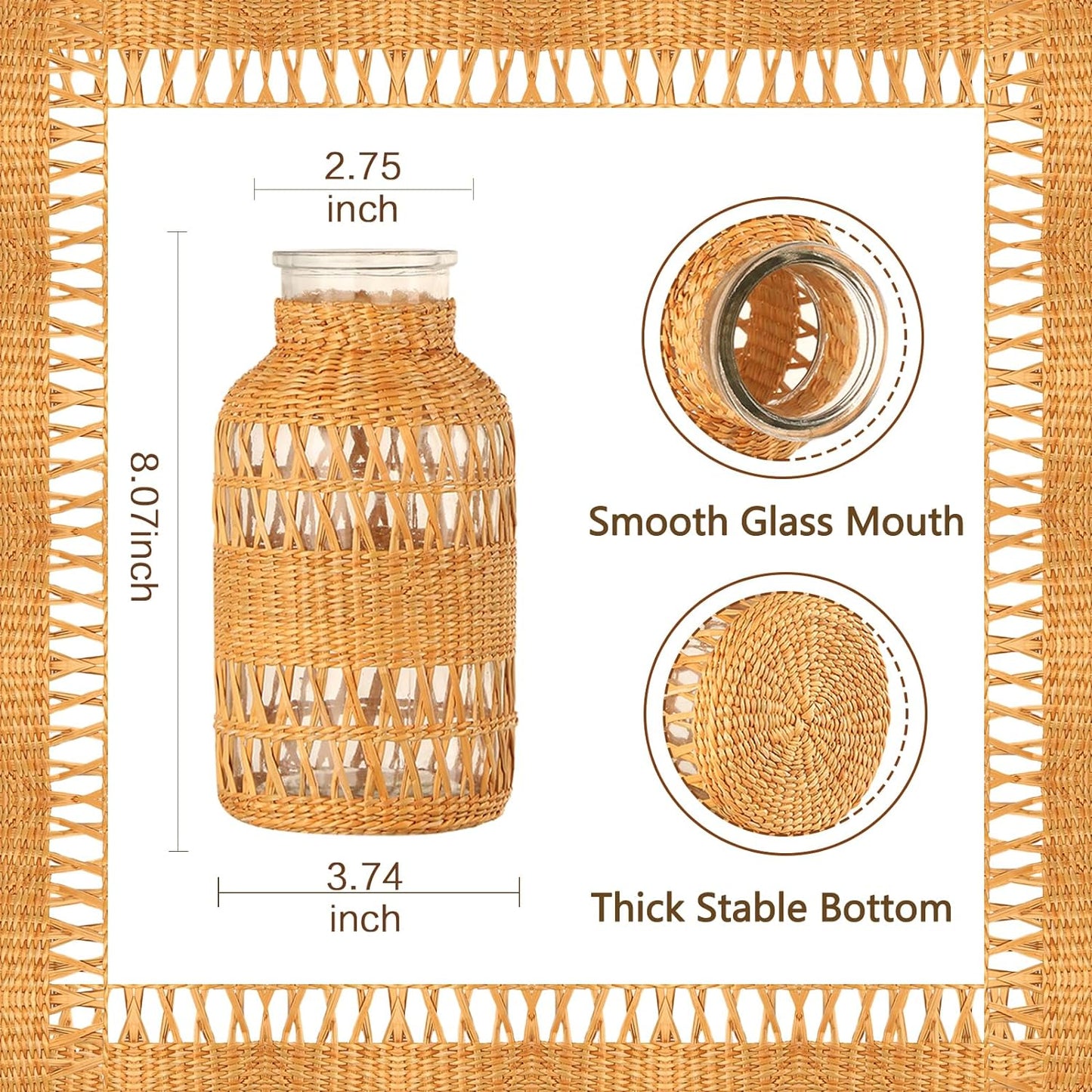 ZENS Wicker Boho Vase Set of 2, Glass Flower Vase with Hand Woven Rattan Cover for Pampas Grass, Artistic Boho Country Vases for Fall Flower Decor, Home Table Centerpiece, Farmhouse Decorative