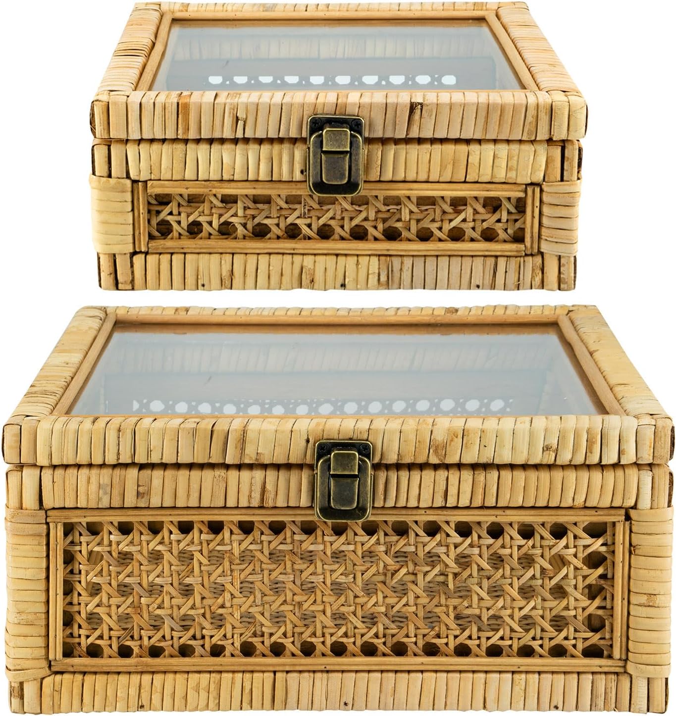 Rattan Decorative Box with Lid, Rectangular Woven with Glass for Display, Set of 2 Wicker for Decor