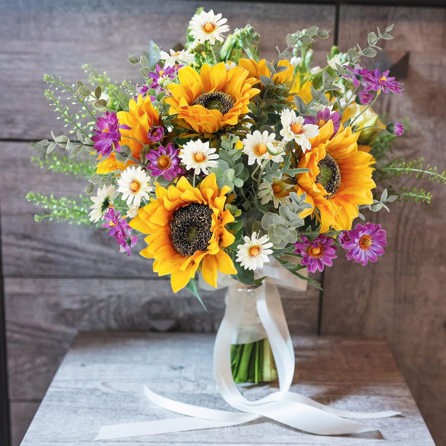 CEWOR Artificial Sunflowers Bouquet Fake Flower Bouquet with Sunflowers for Bridal Bouquets Wedding Centerpieces Decor Party Table Gravesites Fall Floral Arrangements Home Decoration