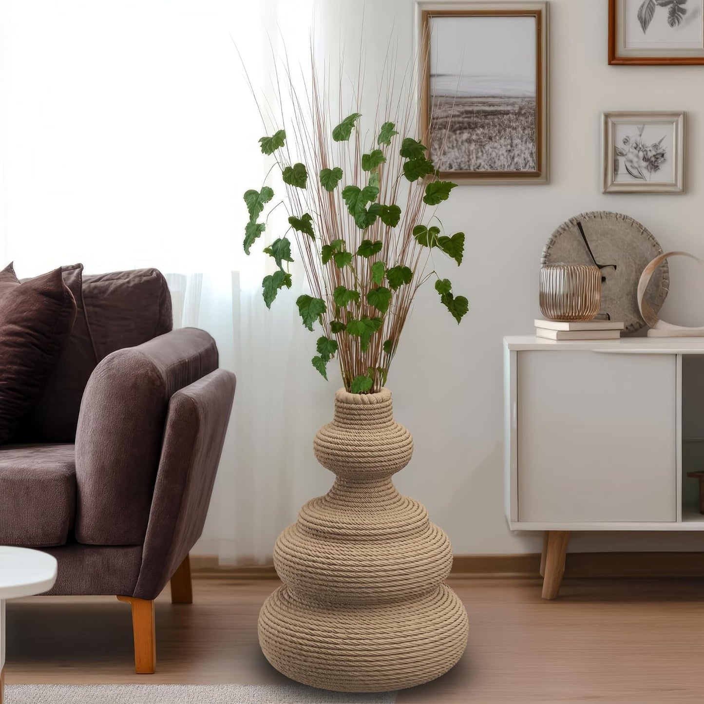 Rattan Woven Flower Vase,White Boho Vases for Decor,Modern Decor Country Style Woven Rustic Vase for Home Decoration
