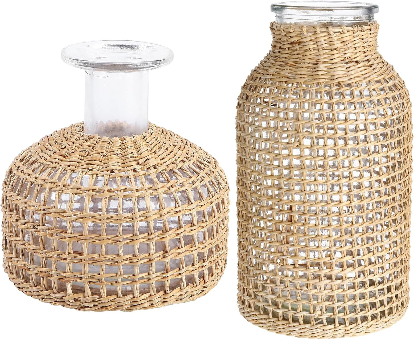 DOITOOL Glass Flower Vase with Rattan Cover, Farmhouse Flower Bud Vase, Round Decorative Flower Vase Floral Container Flower Bottle for Floral Arrangements Housewarming Party Home Decor (L+XS) Khaki