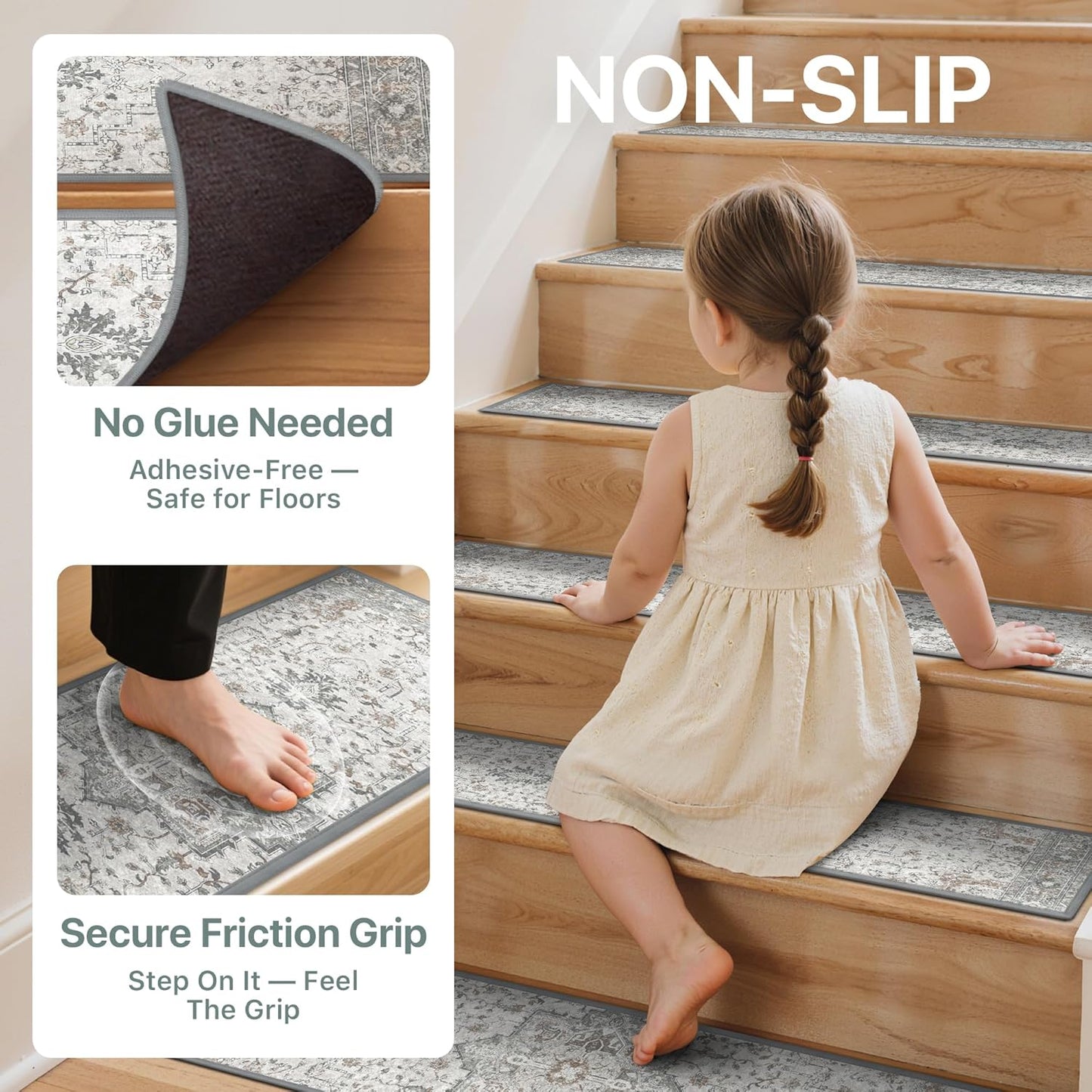 Non Slip Stair Treads for Wooden Steps 15PCS - 8"x30" Indoor Safety Carpet, Edging Mats with TPE Adhesive Backing, Pet and Elderly Friendly Stair Rugs (Taupe)
