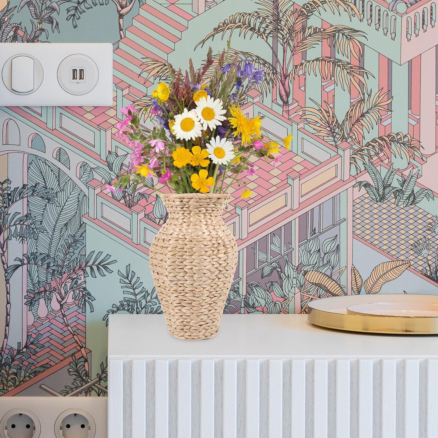 Alipis Rattan Vase, Country Style Woven Plant Holder Basket Rustic Flower Vase Hand Woven Dried Flower Vase Weaving Basket Flower Arranger for Wedding Home Decor