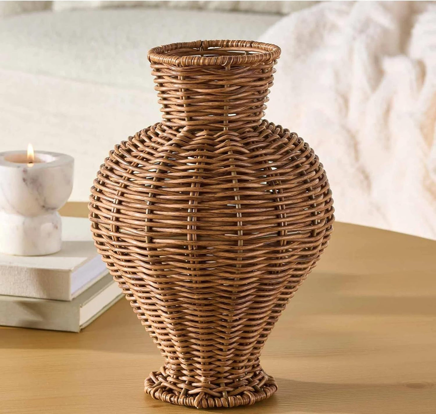 Faux Handwoven Rattan Decorative Vase, Natural Wicker Floor Vase, Large Round Amphora Design