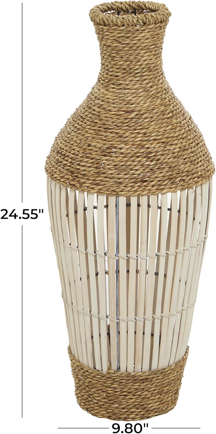 Deco 79 Seagrass Handmade Decorative Vase Wrapped Tall Floor Centerpiece Vase with Open Framed Cream Bamboo Center, Vase for Home Decoration 10" x 10" x 25", Brown
