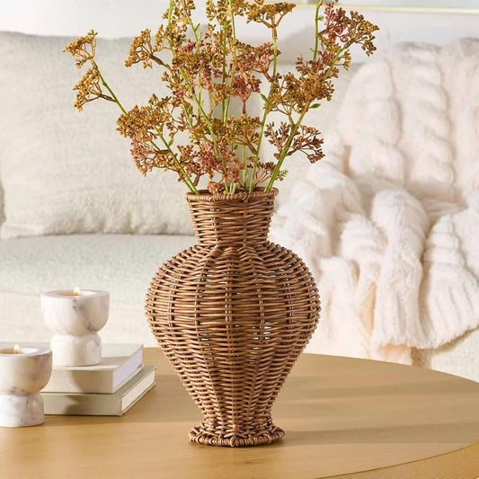 Faux Handwoven Rattan Decorative Vase, Natural Wicker Floor Vase, Large Round Amphora Design