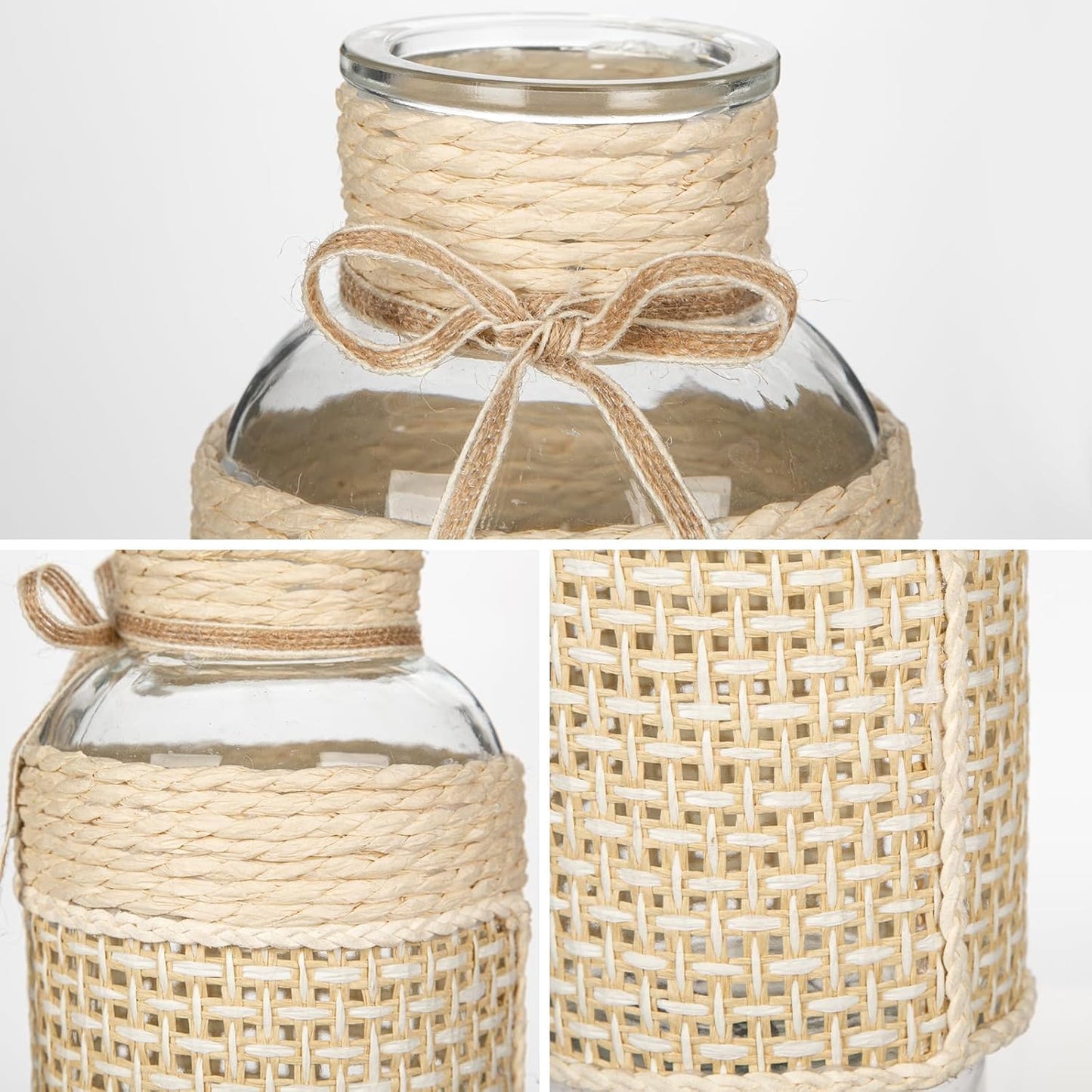 Hollyone 3Pcs Flower Vase Glass Vase with Cotton Rope Cover Woven Glass Vase Decorative Flower Bottle Modern Vase for Table Centerpiece Farmhouse Wedding Home Decor