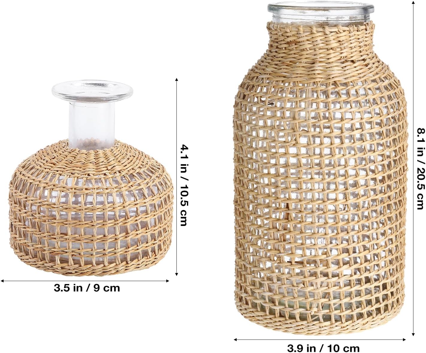 DOITOOL Glass Flower Vase with Rattan Cover, Farmhouse Flower Bud Vase, Round Decorative Flower Vase Floral Container Flower Bottle for Floral Arrangements Housewarming Party Home Decor (L+XS) Khaki