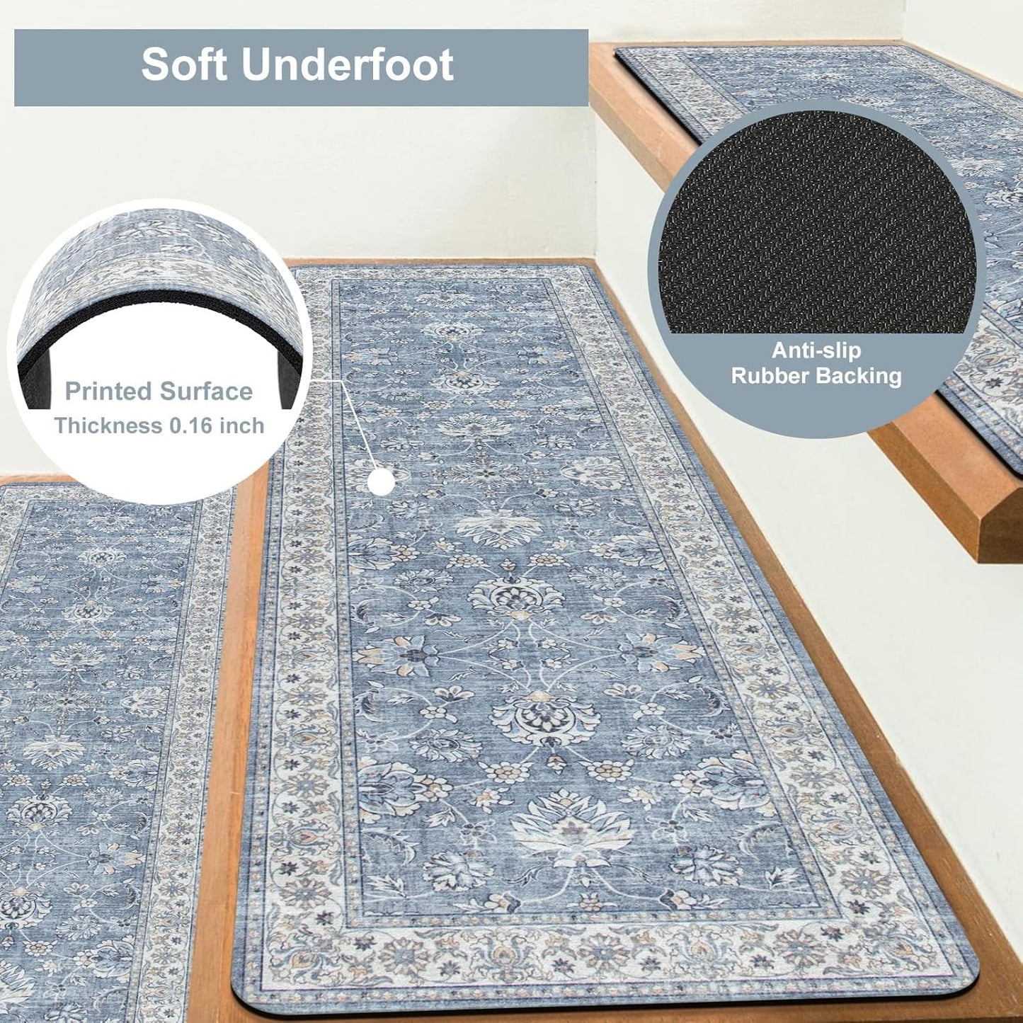 OJIA Stair Treads for Wooden Steps Indoor Washable Stair Carpet Non-Slip 15PCS 30"x8" Rubber Backing Stair Mats Stair Runners for Kids, Elders and Dogs, Staircase Step Treads Stair Covers