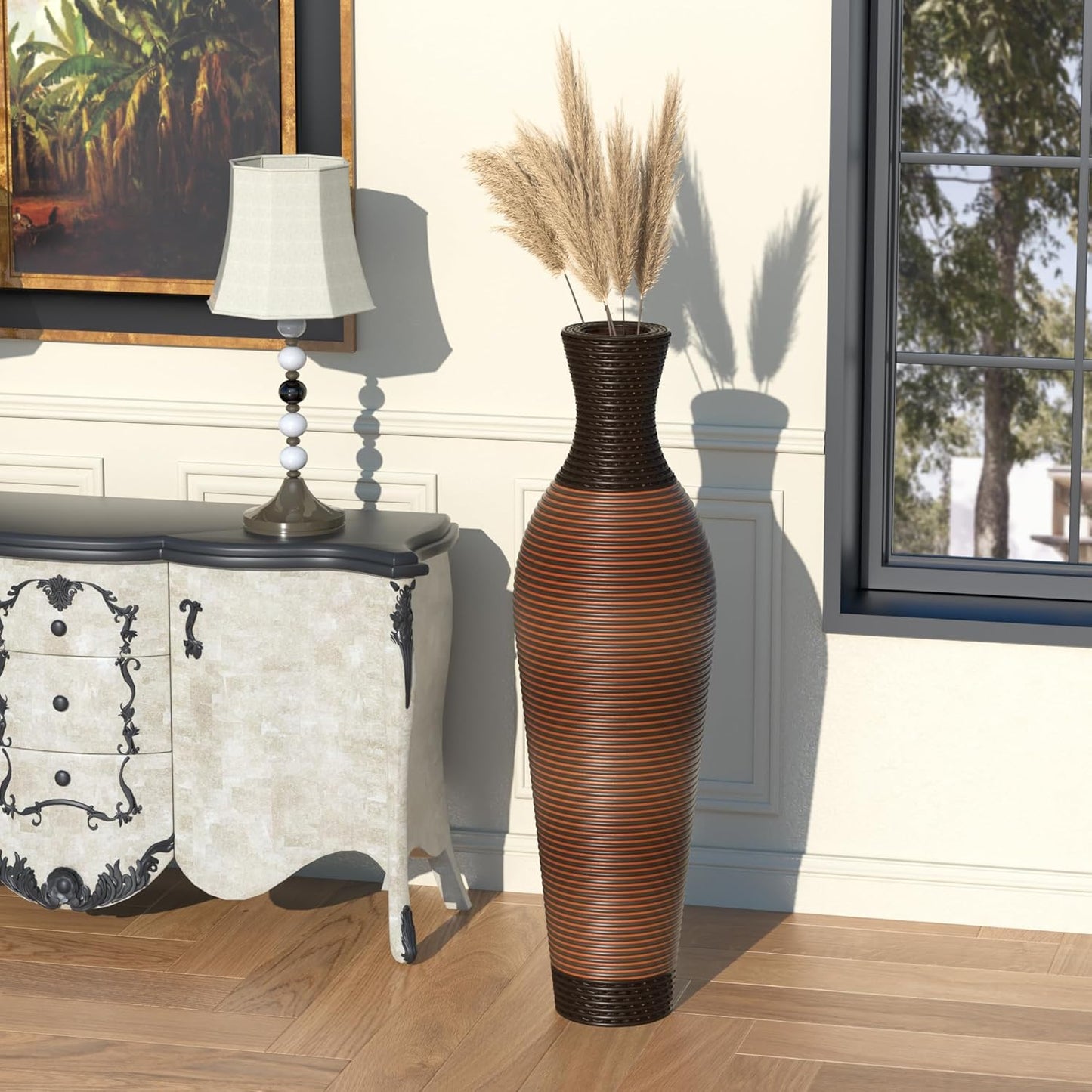 40" Tall Large Rattan Standing Floor Vase Modern Decorative Accent Flower Holder Floor Vase for Living Room Entryway Dining Room Stylish Home Décor Statement Piece (Two-Tone Dark Brown)