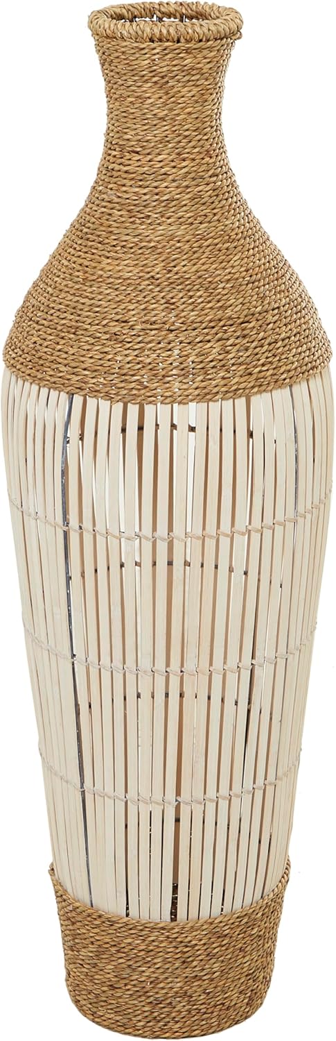 Deco 79 Seagrass Handmade Decorative Vase Wrapped Tall Floor Centerpiece Vase with Open Framed Cream Bamboo Center, Vase for Home Decoration 10" x 10" x 25", Brown