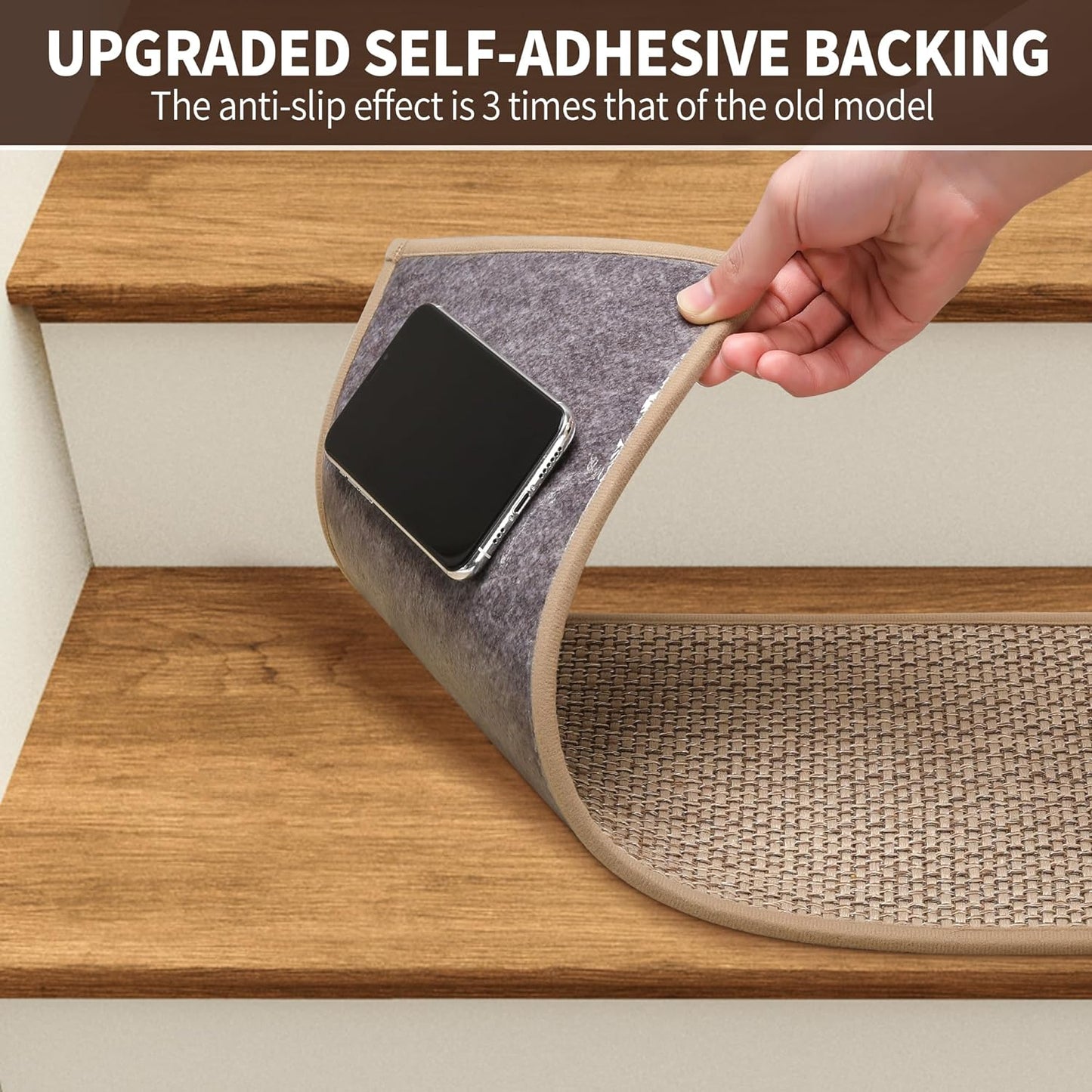 Linen Stair Treads for Wooden Steps Indoor 30x8 inch, 15pcs Upgraded Self Adhesive Backing Non Slip Stair Carpets, Peel and Stick Stair Runner Rugs, Reusable Staircase Step Treads(Beige)