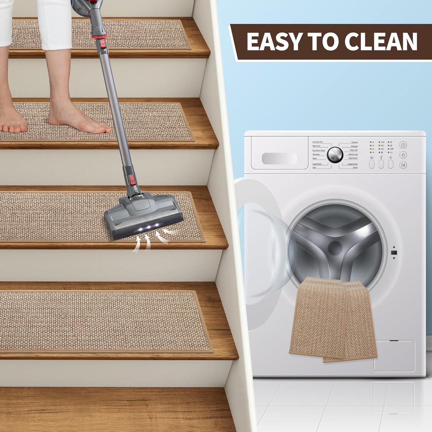 Linen Stair Treads for Wooden Steps Indoor 30x8 inch, 15pcs Upgraded Self Adhesive Backing Non Slip Stair Carpets, Peel and Stick Stair Runner Rugs, Reusable Staircase Step Treads(Beige)