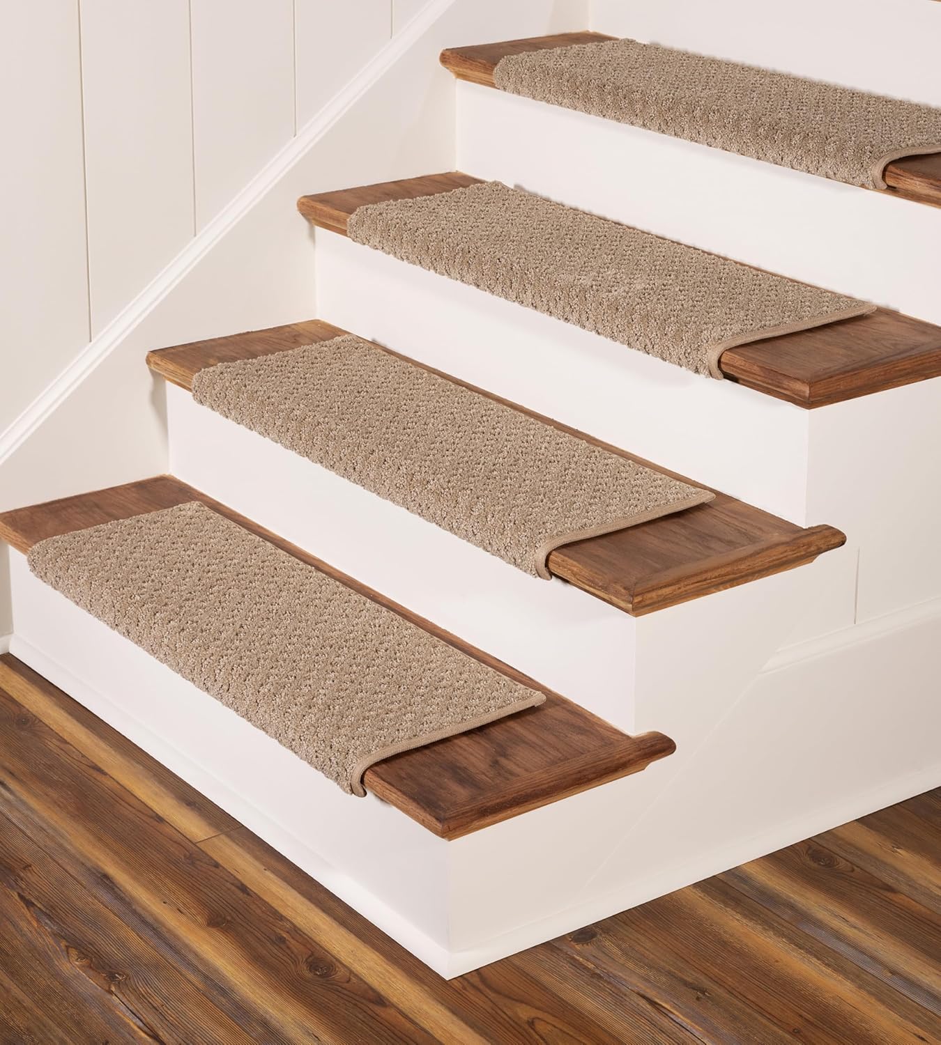 Oak Valley Designs™ Rounded Bullnose Carpet Stair Treads - Anti Slip Indoor Stair Mats for Wooden Stairs, Style: Bayside Charm, Crystal Canyon 27" W X 9.75" D (Set of 4)