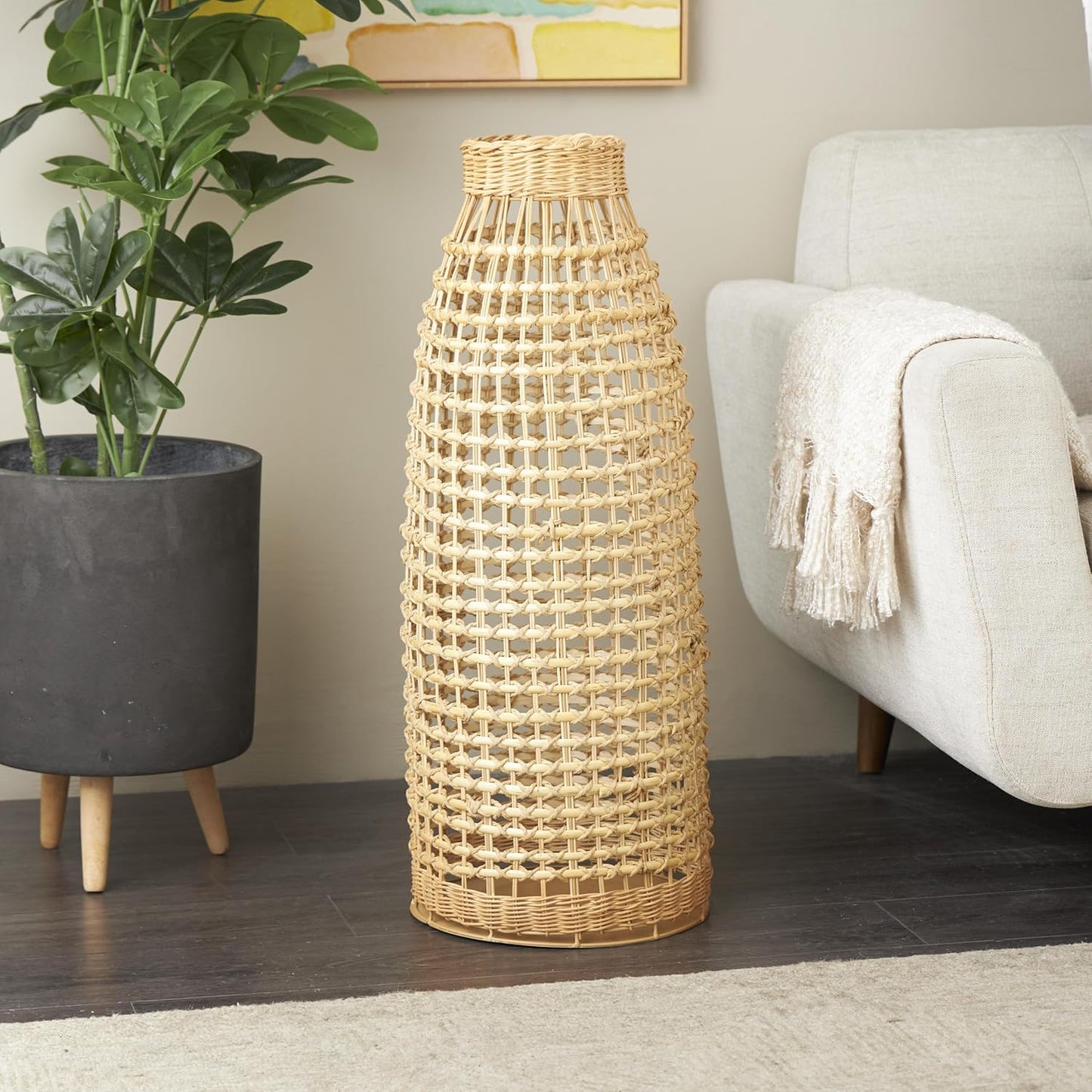 Deco 79 Rattan Handmade Decorative Vase Woven Centerpiece Vase with Open Framed Grid Design, Vase for Home Decoration 12" x 12" x 30", Brown